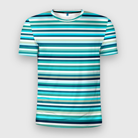 Мужская футболка 3D Slim с принтом Бело сине зелёный в полоску в Тюмени, 100% полиэстер с улучшенными характеристиками | приталенный силуэт, круглая горловина, широкие плечи, сужается к линии бедра | 