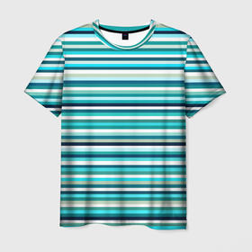Мужская футболка 3D с принтом Бело сине зелёный в полоску в Тюмени, 100% полиэфир | прямой крой, круглый вырез горловины, длина до линии бедер | 