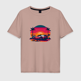 Мужская футболка хлопок Oversize с принтом Авто в киберпанк стиле на фоне заката в Ухте, 100% хлопок | свободный крой, круглый ворот, “спинка” длиннее передней части | 