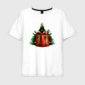 Мужская футболка хлопок Oversize с принтом Рождественский подарок в Новосибирске, 100% хлопок | свободный крой, круглый ворот, “спинка” длиннее передней части | 
