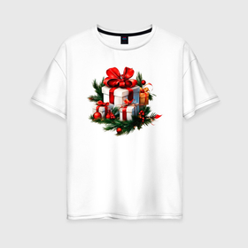 Женская футболка хлопок Oversize с принтом Рождественский подарок в Екатеринбурге, 100% хлопок | свободный крой, круглый ворот, спущенный рукав, длина до линии бедер
 | 