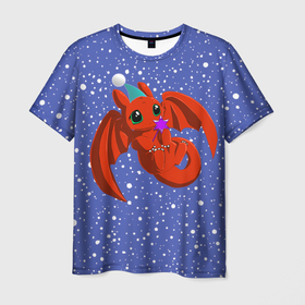 Мужская футболка 3D с принтом Красный дракончик новогодний в Петрозаводске, 100% полиэфир | прямой крой, круглый вырез горловины, длина до линии бедер | 