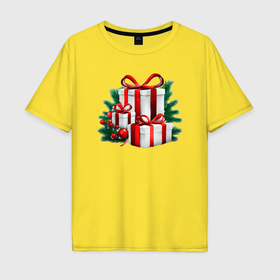 Мужская футболка хлопок Oversize с принтом Рождественский подарок в Новосибирске, 100% хлопок | свободный крой, круглый ворот, “спинка” длиннее передней части | 