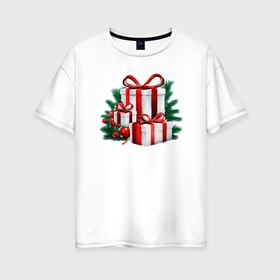 Женская футболка хлопок Oversize с принтом Рождественский подарок в Екатеринбурге, 100% хлопок | свободный крой, круглый ворот, спущенный рукав, длина до линии бедер
 | 