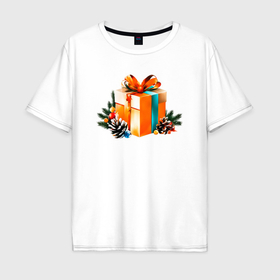 Мужская футболка хлопок Oversize с принтом Новогодний подарок сюрприз в Санкт-Петербурге, 100% хлопок | свободный крой, круглый ворот, “спинка” длиннее передней части | 