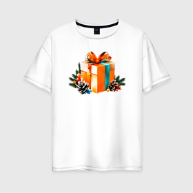 Женская футболка хлопок Oversize с принтом Новогодний подарок сюрприз в Екатеринбурге, 100% хлопок | свободный крой, круглый ворот, спущенный рукав, длина до линии бедер
 | 