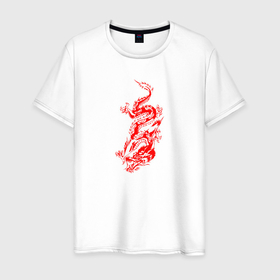 Мужская футболка хлопок с принтом Японский красный дракон в Белгороде, 100% хлопок | прямой крой, круглый вырез горловины, длина до линии бедер, слегка спущенное плечо. | 