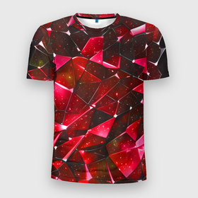 Мужская футболка 3D Slim с принтом Красное разбитое стекло в Санкт-Петербурге, 100% полиэстер с улучшенными характеристиками | приталенный силуэт, круглая горловина, широкие плечи, сужается к линии бедра | Тематика изображения на принте: 