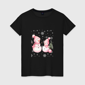 Женская футболка хлопок с принтом Два снеговика на снегу , 100% хлопок | прямой крой, круглый вырез горловины, длина до линии бедер, слегка спущенное плечо | Тематика изображения на принте: 