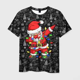 Мужская футболка 3D с принтом Санта Клаус с гирляндой в Екатеринбурге, 100% полиэфир | прямой крой, круглый вырез горловины, длина до линии бедер | 