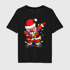Мужская футболка хлопок Oversize с принтом Санта Клаус и гирлянда в Екатеринбурге, 100% хлопок | свободный крой, круглый ворот, “спинка” длиннее передней части | 