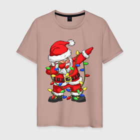 Мужская футболка хлопок с принтом Санта Клаус и гирлянда в Кировске, 100% хлопок | прямой крой, круглый вырез горловины, длина до линии бедер, слегка спущенное плечо. | 