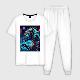 Мужская пижама хлопок с принтом Cyber dragon   ai art neon в Белгороде, 100% хлопок | брюки и футболка прямого кроя, без карманов, на брюках мягкая резинка на поясе и по низу штанин
 | 