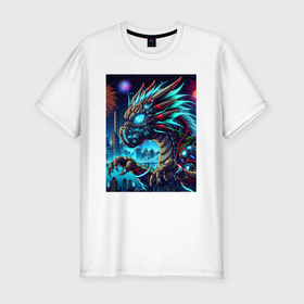 Мужская футболка хлопок Slim с принтом Cyber dragon   ai art neon в Новосибирске, 92% хлопок, 8% лайкра | приталенный силуэт, круглый вырез ворота, длина до линии бедра, короткий рукав | Тематика изображения на принте: 