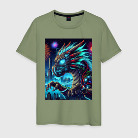 Мужская футболка хлопок с принтом Cyber dragon   ai art neon в Новосибирске, 100% хлопок | прямой крой, круглый вырез горловины, длина до линии бедер, слегка спущенное плечо. | Тематика изображения на принте: 