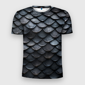 Мужская футболка 3D Slim с принтом Чешуя черного дракона в Екатеринбурге, 100% полиэстер с улучшенными характеристиками | приталенный силуэт, круглая горловина, широкие плечи, сужается к линии бедра | Тематика изображения на принте: 