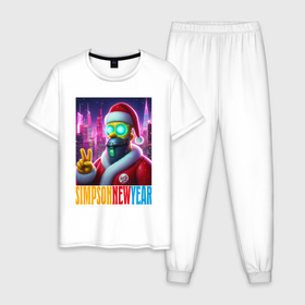 Мужская пижама хлопок с принтом Simpson new year   cyberpunk в Кировске, 100% хлопок | брюки и футболка прямого кроя, без карманов, на брюках мягкая резинка на поясе и по низу штанин
 | 