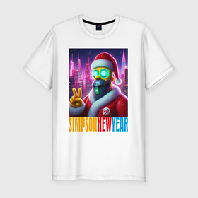 Мужская футболка хлопок Slim с принтом Simpson new year   cyberpunk в Кировске, 92% хлопок, 8% лайкра | приталенный силуэт, круглый вырез ворота, длина до линии бедра, короткий рукав | Тематика изображения на принте: 