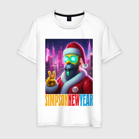 Мужская футболка хлопок с принтом Simpson new year   cyberpunk в Кировске, 100% хлопок | прямой крой, круглый вырез горловины, длина до линии бедер, слегка спущенное плечо. | 