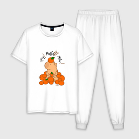 Мужская пижама хлопок с принтом Капибара в мандаринах в Тюмени, 100% хлопок | брюки и футболка прямого кроя, без карманов, на брюках мягкая резинка на поясе и по низу штанин
 | 