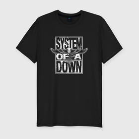 Мужская футболка хлопок Slim с принтом System of a Down metal band в Санкт-Петербурге, 92% хлопок, 8% лайкра | приталенный силуэт, круглый вырез ворота, длина до линии бедра, короткий рукав | Тематика изображения на принте: 