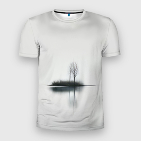 Мужская футболка 3D Slim с принтом Минималистичный пейзаж   нейросеть в Тюмени, 100% полиэстер с улучшенными характеристиками | приталенный силуэт, круглая горловина, широкие плечи, сужается к линии бедра | Тематика изображения на принте: 