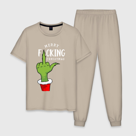 Мужская пижама хлопок с принтом Гринч показывает рождественский фак в Курске, 100% хлопок | брюки и футболка прямого кроя, без карманов, на брюках мягкая резинка на поясе и по низу штанин
 | 