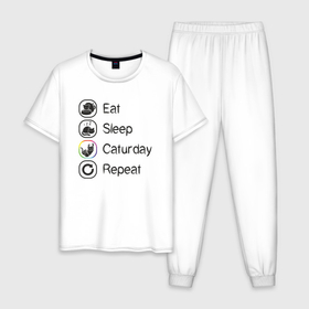Мужская пижама хлопок с принтом Eat sleep caturday в Курске, 100% хлопок | брюки и футболка прямого кроя, без карманов, на брюках мягкая резинка на поясе и по низу штанин
 | Тематика изображения на принте: 