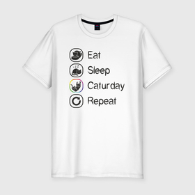 Мужская футболка хлопок Slim с принтом Eat sleep caturday в Курске, 92% хлопок, 8% лайкра | приталенный силуэт, круглый вырез ворота, длина до линии бедра, короткий рукав | Тематика изображения на принте: 