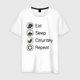 Мужская футболка хлопок с принтом Eat sleep caturday в Новосибирске, 100% хлопок | прямой крой, круглый вырез горловины, длина до линии бедер, слегка спущенное плечо. | Тематика изображения на принте: 