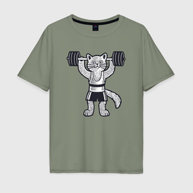 Мужская футболка хлопок Oversize с принтом Кот штангист , 100% хлопок | свободный крой, круглый ворот, “спинка” длиннее передней части | 