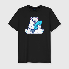 Мужская футболка хлопок Slim с принтом Белый медведь с рыбой в Петрозаводске, 92% хлопок, 8% лайкра | приталенный силуэт, круглый вырез ворота, длина до линии бедра, короткий рукав | 