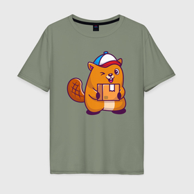 Мужская футболка хлопок Oversize с принтом Бобёр почтальон в Тюмени, 100% хлопок | свободный крой, круглый ворот, “спинка” длиннее передней части | 
