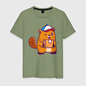 Мужская футболка хлопок с принтом Бобёр почтальон в Тюмени, 100% хлопок | прямой крой, круглый вырез горловины, длина до линии бедер, слегка спущенное плечо. | 