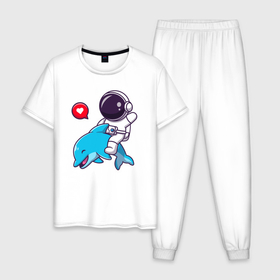 Мужская пижама хлопок с принтом Космонавт и дельфин , 100% хлопок | брюки и футболка прямого кроя, без карманов, на брюках мягкая резинка на поясе и по низу штанин
 | 