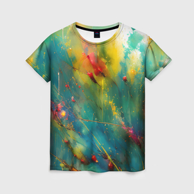 Женская футболка 3D с принтом Абстрактные мазки краски в Петрозаводске, 100% полиэфир ( синтетическое хлопкоподобное полотно) | прямой крой, круглый вырез горловины, длина до линии бедер | Тематика изображения на принте: 