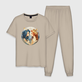 Мужская пижама хлопок с принтом Знак зодиака рыбы от нейросети в Екатеринбурге, 100% хлопок | брюки и футболка прямого кроя, без карманов, на брюках мягкая резинка на поясе и по низу штанин
 | 