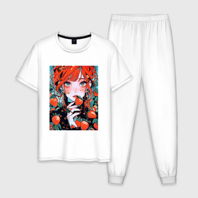 Мужская пижама хлопок с принтом Девушка с клубничками аниме в Белгороде, 100% хлопок | брюки и футболка прямого кроя, без карманов, на брюках мягкая резинка на поясе и по низу штанин
 | 