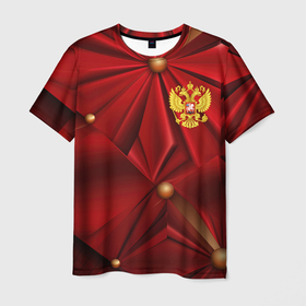 Мужская футболка 3D с принтом Золотой герб России на красной абстракции в Новосибирске, 100% полиэфир | прямой крой, круглый вырез горловины, длина до линии бедер | 