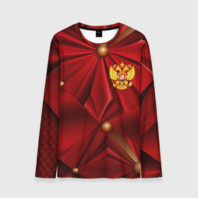 Мужской лонгслив 3D с принтом Золотой герб России на красной абстракции в Новосибирске, 100% полиэстер | длинные рукава, круглый вырез горловины, полуприлегающий силуэт | 