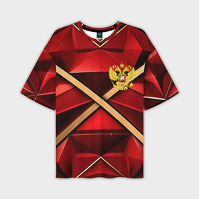 Мужская футболка oversize 3D с принтом Герб России  на красном абстрактном фоне в Екатеринбурге,  |  | 