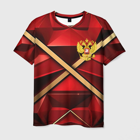 Мужская футболка 3D с принтом Герб России  на красном абстрактном фоне в Новосибирске, 100% полиэфир | прямой крой, круглый вырез горловины, длина до линии бедер | 