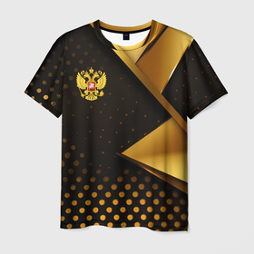 Мужская футболка 3D с принтом Герб России на золотистой абстракции в Новосибирске, 100% полиэфир | прямой крой, круглый вырез горловины, длина до линии бедер | 