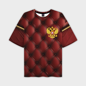Мужская футболка oversize 3D с принтом Золотой герб России на красном кожаном фоне в Тюмени,  |  | Тематика изображения на принте: 