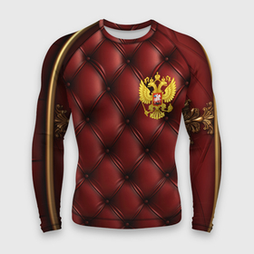 Мужской рашгард 3D с принтом Золотой герб России на красном кожаном фоне ,  |  | 