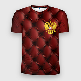 Мужская футболка 3D Slim с принтом Золотой герб России на красном кожаном фоне в Санкт-Петербурге, 100% полиэстер с улучшенными характеристиками | приталенный силуэт, круглая горловина, широкие плечи, сужается к линии бедра | 