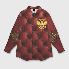 Мужская рубашка oversize 3D с принтом Золотой герб России на красном кожаном фоне в Кировске,  |  | 