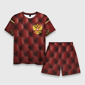 Мужской костюм с шортами 3D с принтом Золотой герб России на красном кожаном фоне в Кировске,  |  | 