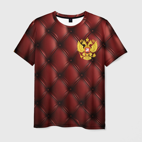 Мужская футболка 3D с принтом Золотой герб России на красном кожаном фоне в Кировске, 100% полиэфир | прямой крой, круглый вырез горловины, длина до линии бедер | 