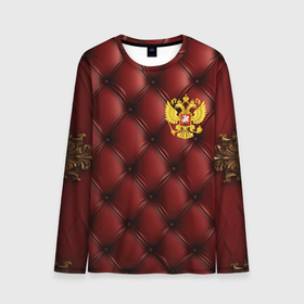 Мужской лонгслив 3D с принтом Золотой герб России на красном кожаном фоне в Новосибирске, 100% полиэстер | длинные рукава, круглый вырез горловины, полуприлегающий силуэт | 